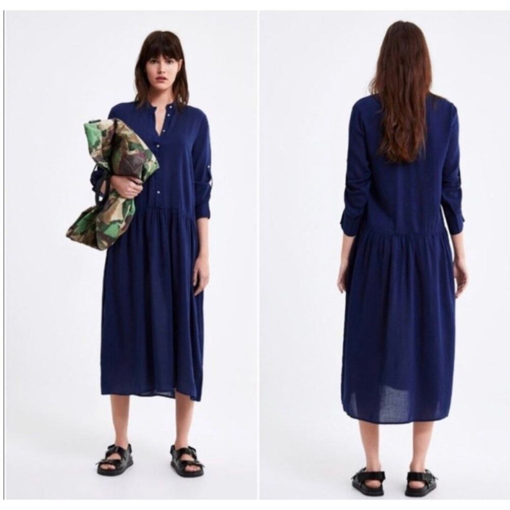 ZARA Navy Blue button-down Midi dress size XS